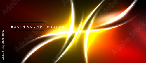 Abstract design features vibrant orange, yellow light streaks. Dark background creates dramatic contrast, modern aesthetic. Smooth curves intersect.