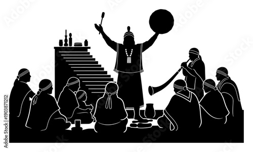 Mapuche Machi Ceremony - Silhouette Vector