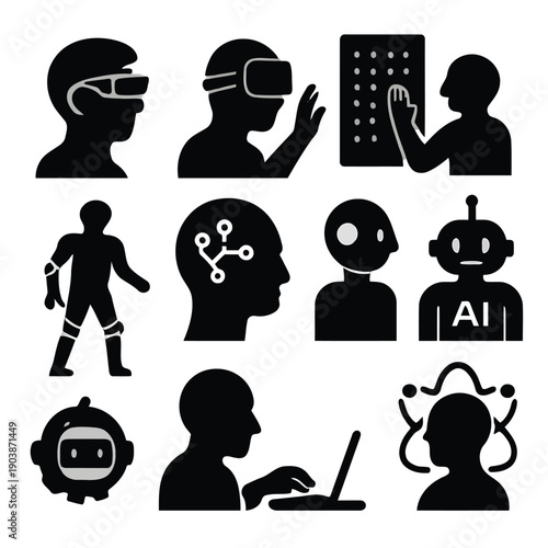 Black silhouettes depict futuristic technology including virtual reality robots and artificial intelligence high quality professional