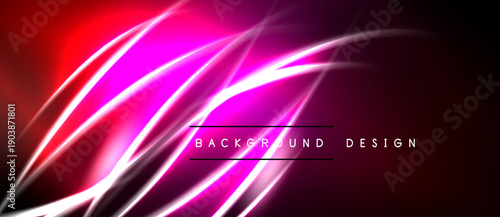 Abstract vibrant design features flowing neon lines, gradients. Dark background enhances luminosity, creating dynamic visual impact.