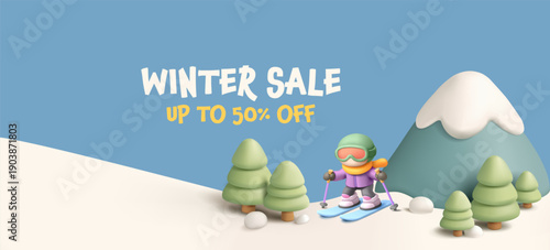 Winter discounts, special offer banner. 3D mountains, forest, skier. For concepts of resort, final sale, shops, special winter clothing. Vector illustration.