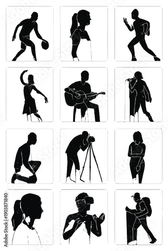 Nine black silhouettes depict various human activities including sports music and contemplation high quality professional