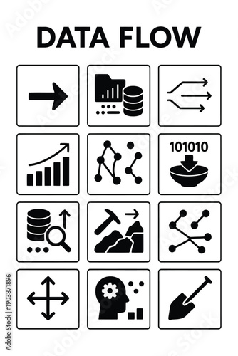 A visual depiction of data flow using various black icons within white bordered squares