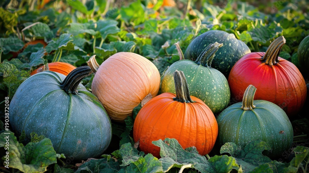 Obraz premium A bountiful harvest of ripe pumpkins and gourds in various colors nestled amongst green leaves