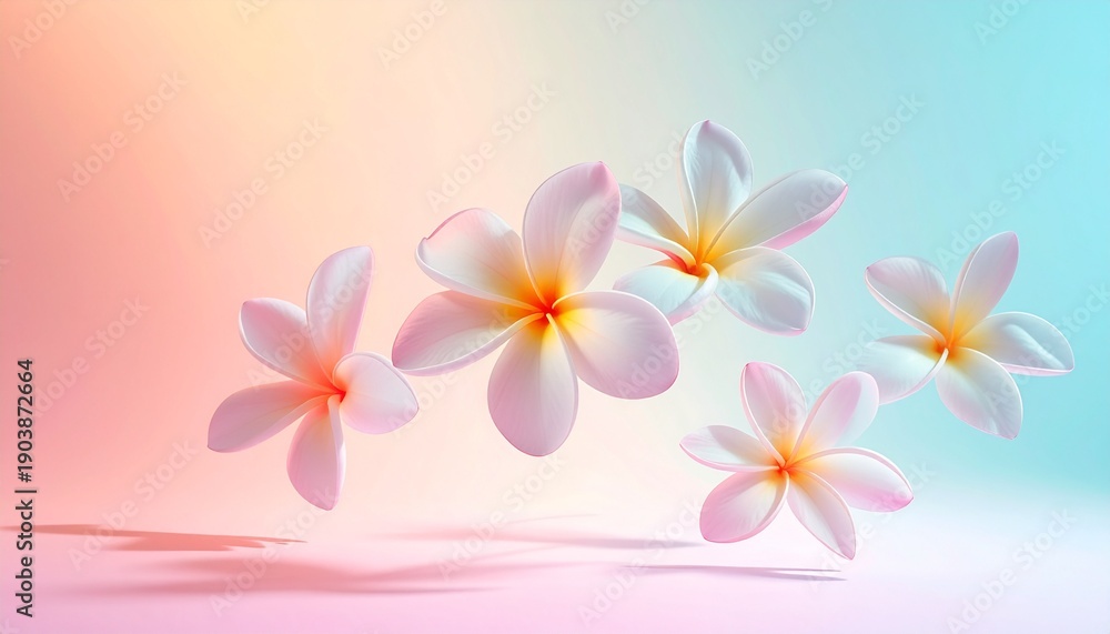 Fototapeta premium Beautiful pink and yellow plumeria frangipani blossoms float in tropical spa water and rest on a white surface, showcasing exotic floral beauty from a lush Bali garden