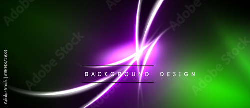 Abstract background features vibrant green, purple hues. Smooth curves create dynamic light effect. Modern design element.
