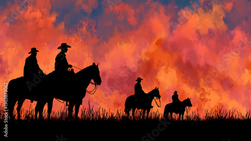 Four Horsemen of the West: Silhouettes Against a Fiery, Painted Sky