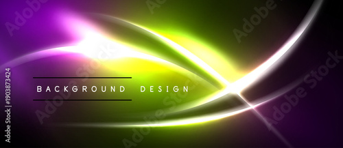 Abstract neon lights create vibrant curves, gradients. Dark background emphasizes glowing lines, modern design elements.