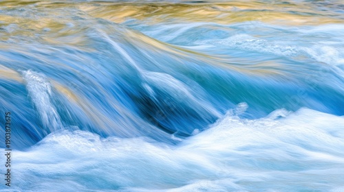 Abstract sculpture of water currents flowing and merging in vibrant blue and gold hues