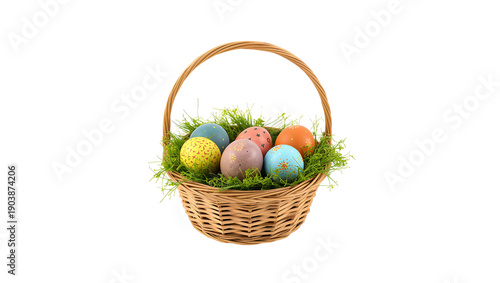 Colorful Eggs in a Basket With Green Grass for Easter Celebration During Spri...