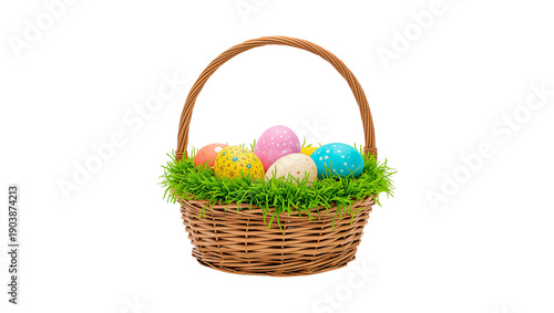Colorful Eggs in a Basket With Green Grass for Easter Celebration During Spri...