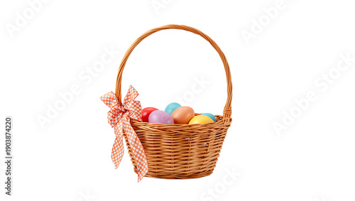 Rabbit Sits Among Colorful Eggs in a Basket for Spring Festivities in a Brigh...