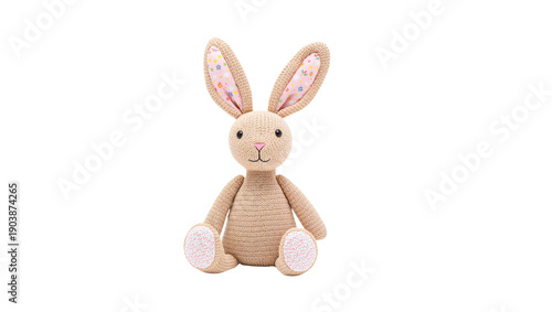 Cute Knitted Bunny Toy Sits on a Plain Background With Soft Details and a Fri...