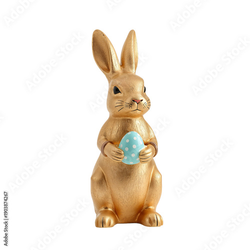 Gold Rabbit Holds Blue Egg for Spring Holiday Celebration in Home Decoration