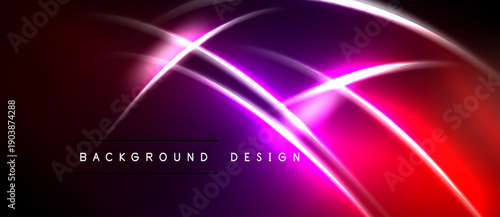 Abstract neon lines create dynamic red, purple glow. Background features smooth gradients, modern design elements.