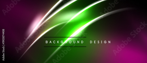 Abstract neon lines create dynamic gradient background. Vivid purple, green hues dominate composition. Modern design element.