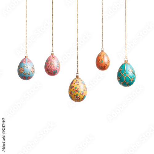 Colorful Decorative Eggs Hanging on Strings for a Celebration Event During Sp...
