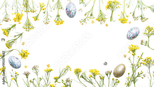 Colorful Eggs and Yellow Flowers Create a Festive Border for Spring Celebration