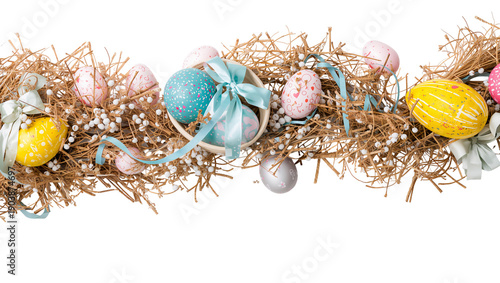 Colorful Easter Decorations With Eggs and Ribbons on a Straw Background