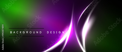 Abstract vibrant background. Gradient transitions from green to purple. White curved lines add dynamic visual interest. Modern design element.