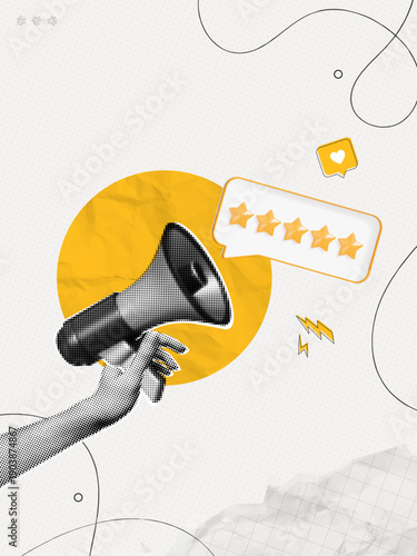 Trendy Halftone Collage Female Hand holding Megaphone with gold five star rating feedback. Customer review service. Dots loudspeaker element. Contemporary vector illustration art