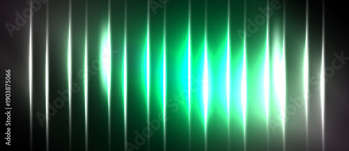 Vertical lines create glowing green waveform. Brightness varies, suggesting sound visualization or energy pulse. Dark background emphasizes light effect.