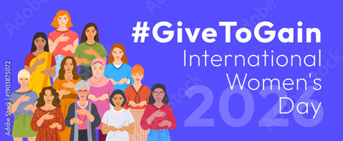 Give to Gain campaign pose. International Women's Day 2026. Diverse women demonstrate open palms giving gesture, with hand on their hearts to show generosity, collaboration and support for all women