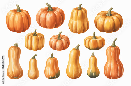 Assorted pumpkin and squash varieties isolated on white background. Rustic autumn squash and pumpkin set painted in watercolor.