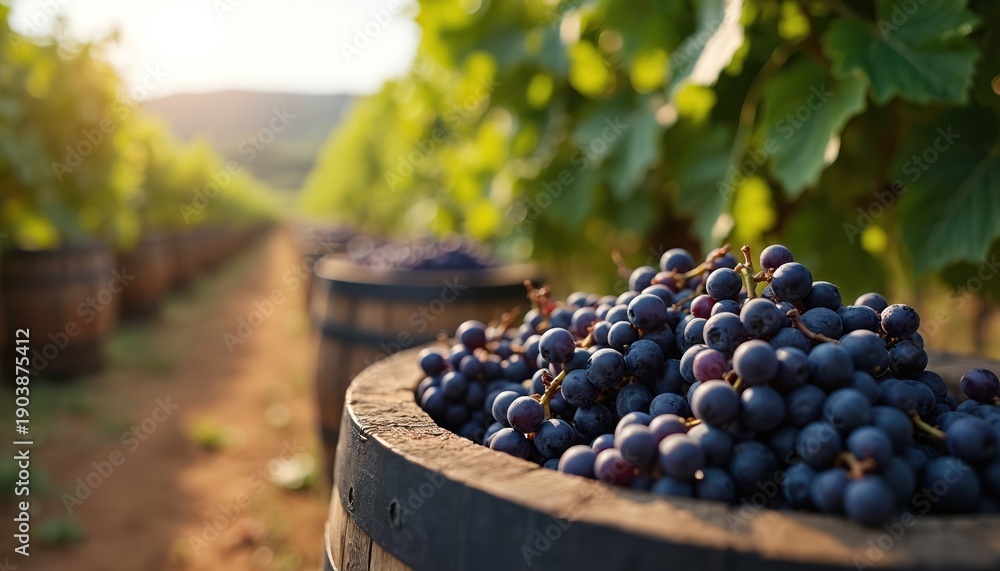Fototapeta premium Ripe dark grapes fill wooden barrel in sunlit vineyard. Rows of wine barrels and green vines stretch into distance. Harvest season for wine making.