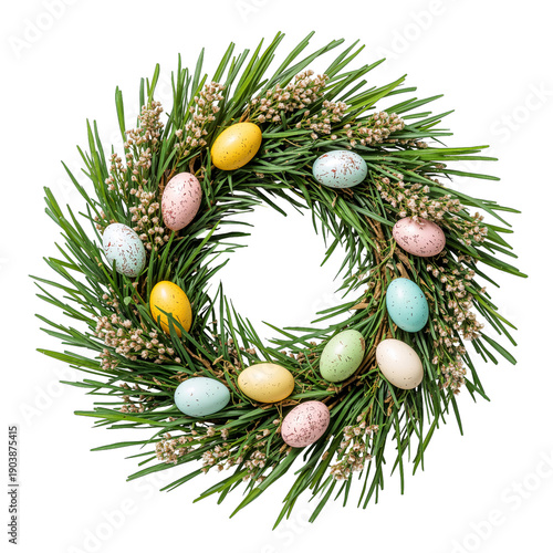 Wreath Decoration With Colorful Eggs on Green Leaves for Spring Celebration i...