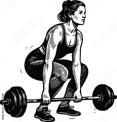 Female Athlete Deadlift Weightlifting Silhouette Strength Training Gym Workout Black White Vector Illustration