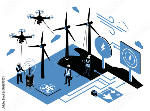 Wind Farm Maintenance - Isometric Vector Illustration