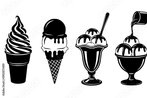 Ice cream silhouette set, soft serve, double scoop, sundae glass, dessert cup, syrup topping, black vector, sweet, cold, treat
