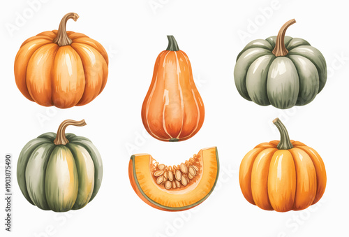 Assorted pumpkins and squash watercolor set isolated on white. Autumn pumpkin watercolor elements for seasonal and holiday design.