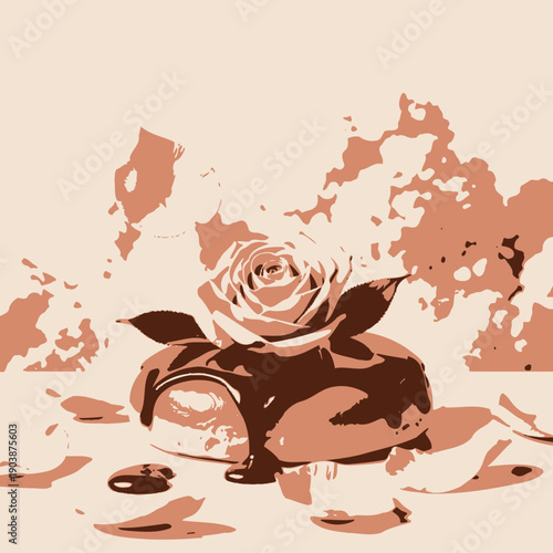 Elegantly Decorated Dessert with Chocolate Drizzle and Delicate Pink Rose Petals on a Fluffy Pancake Surrounded by Whimsical Cream Clouds