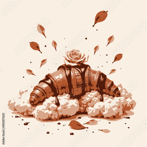 Gourmet croissant adorned with chocolate drizzles and rose, surrounded by fluffy cream and scattered petals creating an elegant and artistic presentation