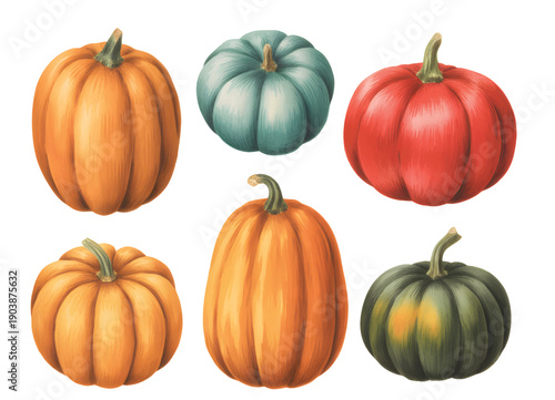 Assorted pumpkins and squash watercolor set isolated on white. Autumn pumpkin watercolor elements for seasonal and holiday design.