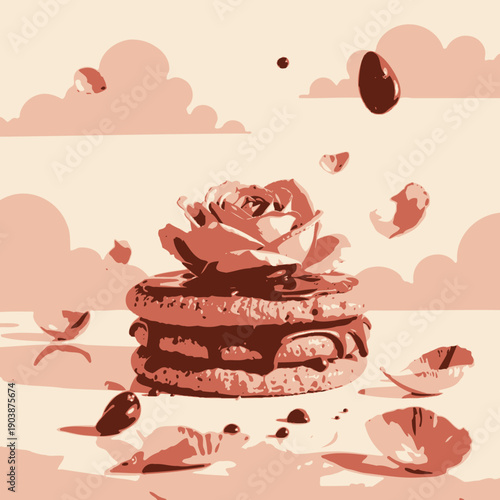 Delicate Rose-Topped Chocolate Dripping Cookie Stack Surrounded by Floating Petals Against a Soft Pastel Background