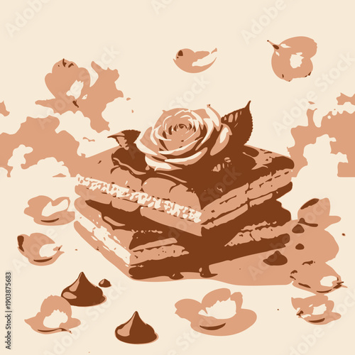 Exquisite Confectionery Masterpiece Featuring Elegant Floral Adornments and Rich Chocolate Layers Delicately Wrapped in a Calming Cloudscape Setting