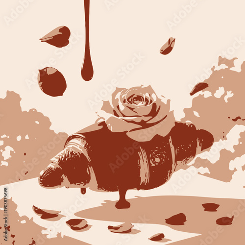 Decadent Croissant Adorned with Delicate Rose and Drizzled in Rich Chocolate, Surrounded by Floating Rose Petals and Elegant, Creamy Cloud-Like Whisps