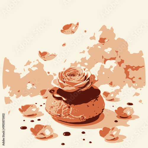 Elegant Dessert Featuring a Delicate Rose Cream Puff Surrounded by Blooming Flowers and Whimsical Decorative Elements on a Soft Neutral Background