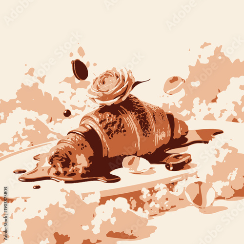 Elegant Crossaint Adorned with Chocolate Drizzle and Delicate Rose Surrounded by Luxurious Fluffy Clouds and Petals Highlighting Culinary Artistry