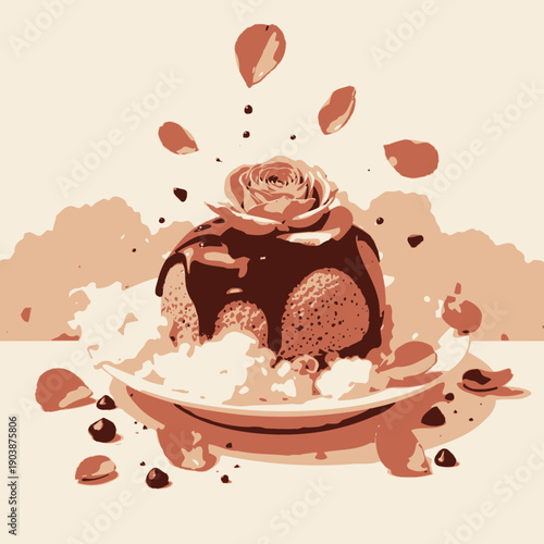 Delectable sponge cake topped with rich chocolate glaze and adorned with delicate rose petals, creating a visually stunning and appetizing dessert masterpiece.