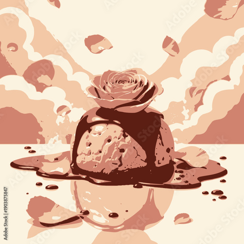 Delicious Dessert with Chocolate Drizzle and Pink Rose Petals Set Against a Dreamy Cloud Background