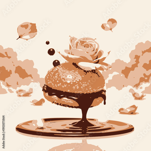 Elegant Dessert Creation with Burger Bun, Chocolate Sauce, and Delicate Floral Elements Captures a Playful Fusion of Savory and Sweet Artistry