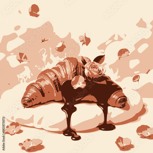 Delicate Croissant Drizzled with Rich Chocolate on Fluffy White Cloud Surrounded by Floating Pink Petals in Ethereal Dreamlike Scene