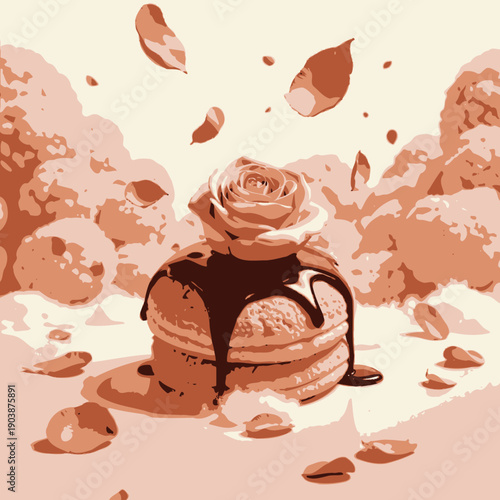 Exquisite Dessert Art: Creamy Pastry with Chocolate Drizzle, Adorned with Delicate Rose and Surrounded by Cloud-like Elements and Petals