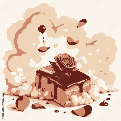 Delectable Chocolate Drizzled Sponge Cake Adorned with Delicate Rose and Petals on a Cloud-Like Base Surrounded by Creamy Whipped Swirls