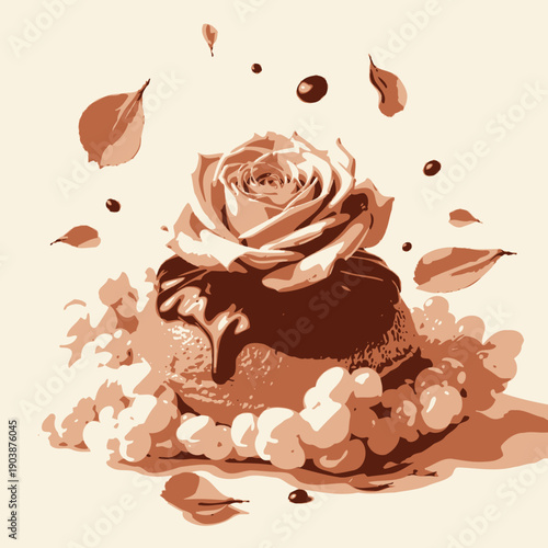 Elegant Floral Dessert: Exquisite Pink Rose and Chocolate Drizzle Adorned on a Delicate Pastry Surrounded by Pearly Decorations