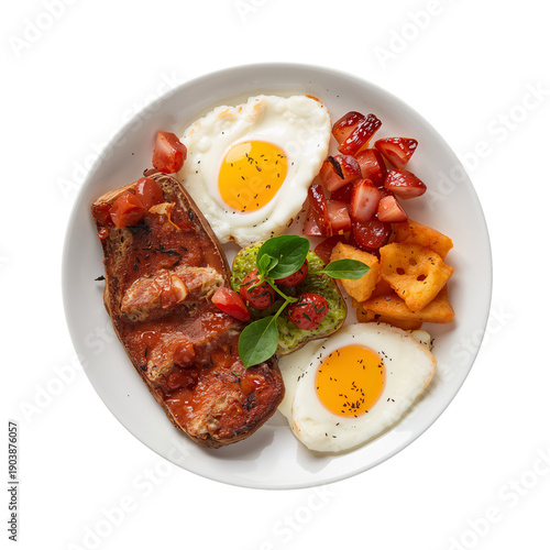 Breakfast Plate With Eggs, Toast, Fruit, and Greens on a Table With Silverware